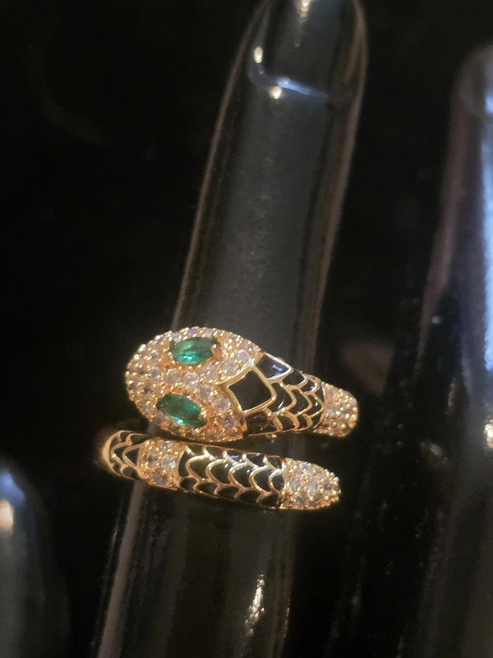22kgp Duabi Jewelry- Gold Tone Snake Wrap Ring with Green Stone Eyes